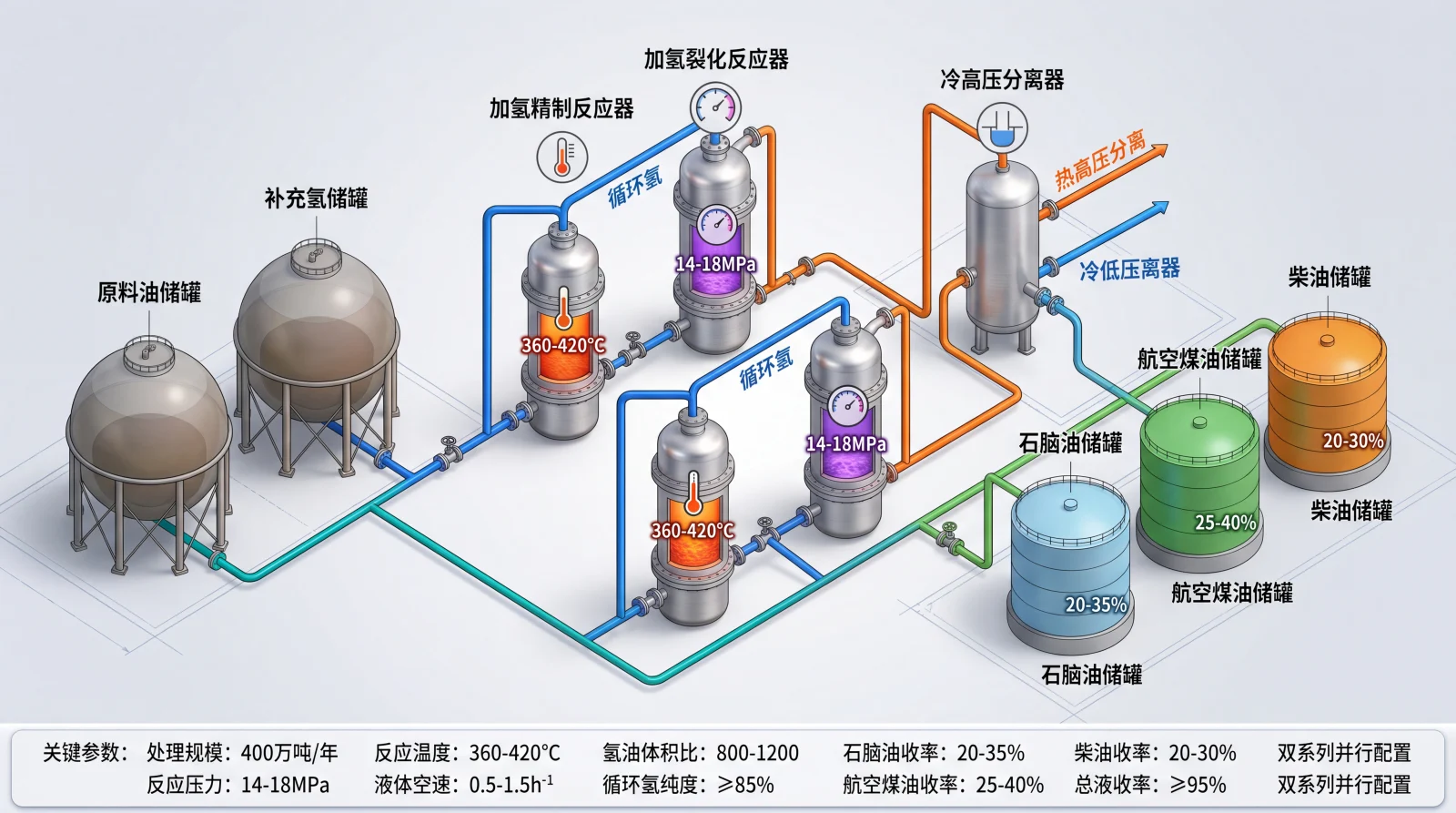 400万吨/年加氢裂化装置3D工艺流程图,展示原料油储罐、加氢精制反应器、加氢裂化反应器、高压分离器到石脑油/航煤/柴油储罐的完整物料走向