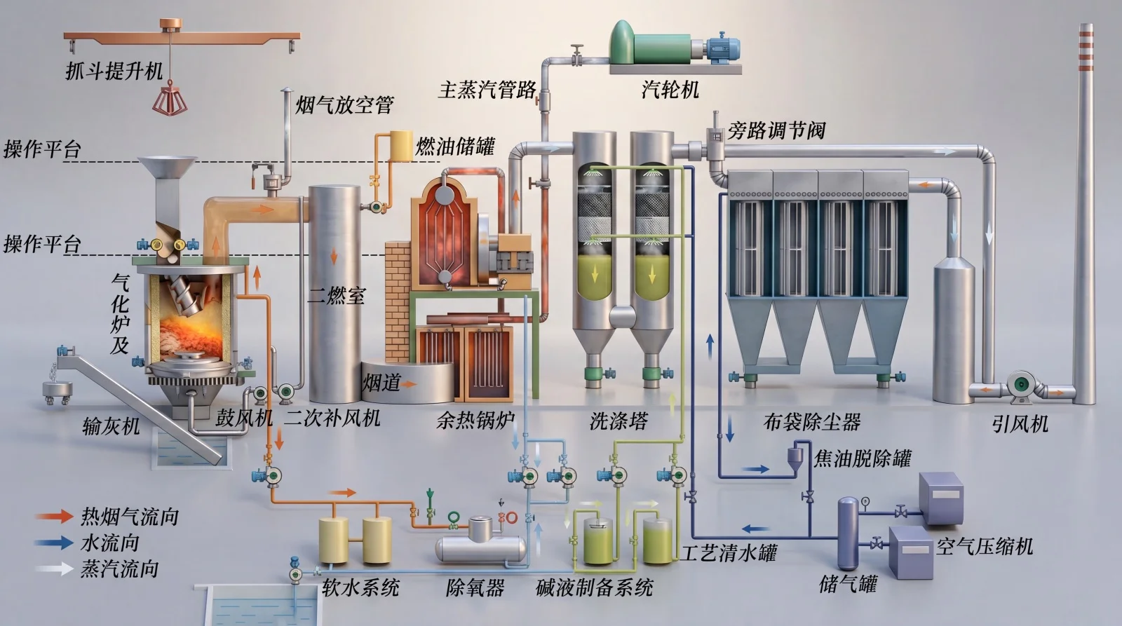 该图展示了生物质气化发电的完整工艺流程，包括气化炉、二燃室、主蒸汽管路、汽轮机、布袋除尘器和引风机等关键设备。画面呈现了从气化到二次燃烧、余热回收再到发电的能量转换过程，适合用于能源电力行业的展示、汇报或培训场景。