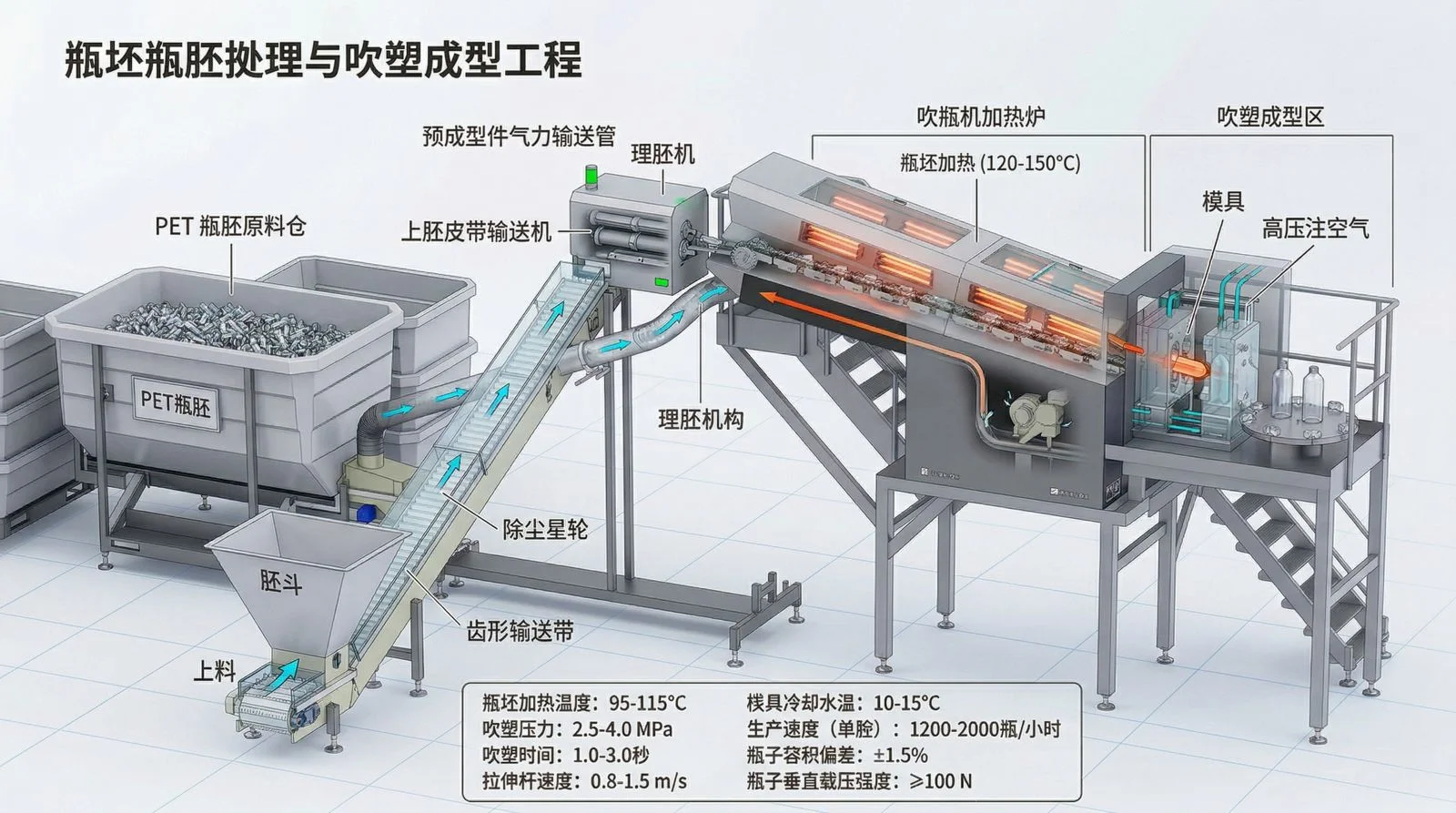 该图展示了饮料生产行业中PET瓶胚从原料储存到吹塑成型的完整工艺流程，包括瓶坯原料仓、上料皮带输送机、理胚机、吹瓶机加热炉、吹塑成型区和模具等关键设备。画面清晰呈现了各环节的布局与连接关系，适用于工厂展示、生产汇报或员工培训场景。