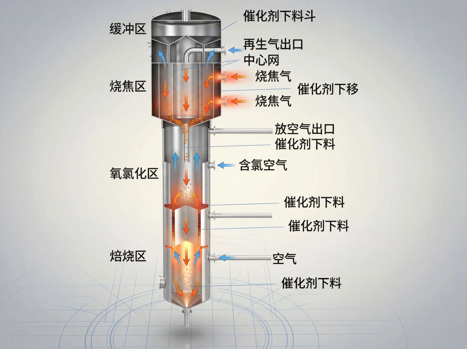 该图展示了石油炼化行业中催化剂再生系统的剖视结构，包括缓冲区、烧焦区、氧氯化区、焙烧区、中心网和催化剂下料斗等关键区域。画面清晰呈现了催化剂的流动路径及气体处理过程，适用于生产汇报、技术培训和工艺展示场景。