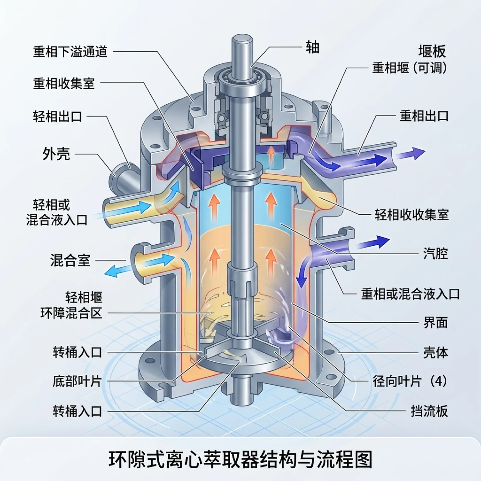 该图展示了环隙式离心萃取器的结构与流程，包括外壳、轴、轻相收集室、重相收集室、混合室和汽腔。画面清晰呈现了各部件之间的相对位置与连接关系，适用于化工行业的设备展示、技术汇报及操作培训场景。