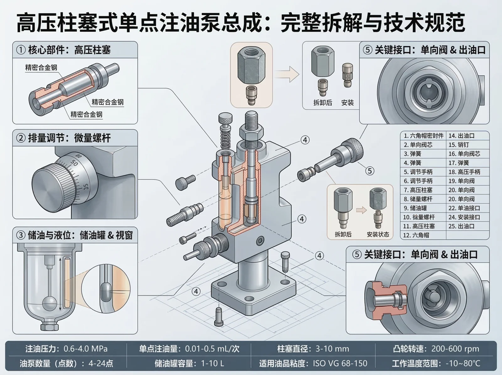 AI3DTU真实生成案例：高压柱塞式单点注油泵总成爆炸拆解与技术规范图，展示高压柱塞、微量螺杆、储油视窗、单向阀与出油口的装配关系及注油参数。