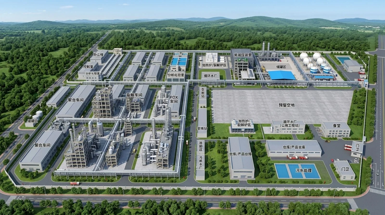 这张3D鸟瞰图展示了大型化工厂区的完整布局，包括聚合车间、POX车间、分析化验室、循环水厂、污水处理设施以及食堂等主要建筑和配套设施。模型清晰呈现了厂区的功能分区与交通流线，适用于工厂展示、项目汇报及员工培训等场景。