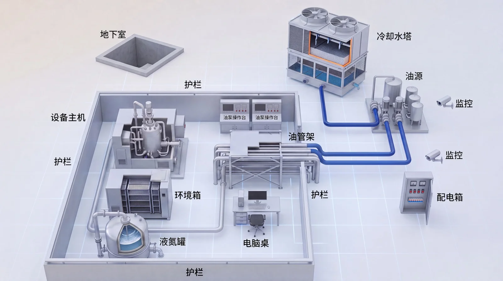 该3D微缩沙盘图展示了化工厂内的设备布局，包括设备主机、冷却水塔、液氮罐、环境箱、油管架和配电箱，清晰呈现了各设施之间的连接关系。适用于工厂展示、技术汇报或员工培训，帮助直观理解生产流程与设备配置。