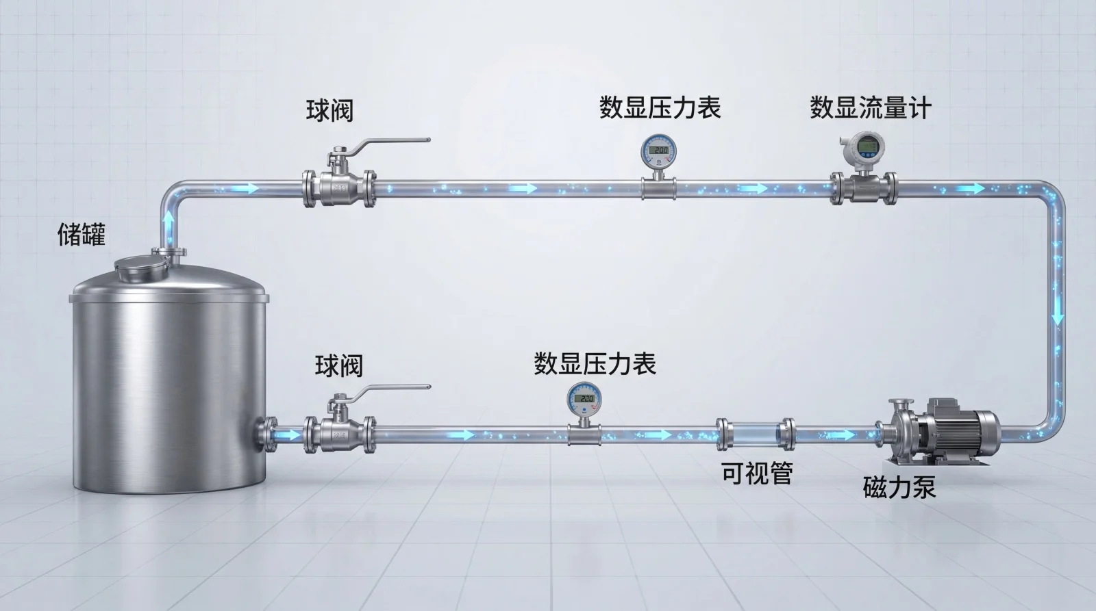 这张图展示了化工液体输送系统的3D流程图，包含一个不锈钢储罐、底部和顶部引出的管线，顶部管线依次连接球阀、磁力泵、数显压力表、数显流量计和可视管。画面清晰呈现了设备布局与管道连接关系，适用于工业展示、技术汇报或操作培训场景。