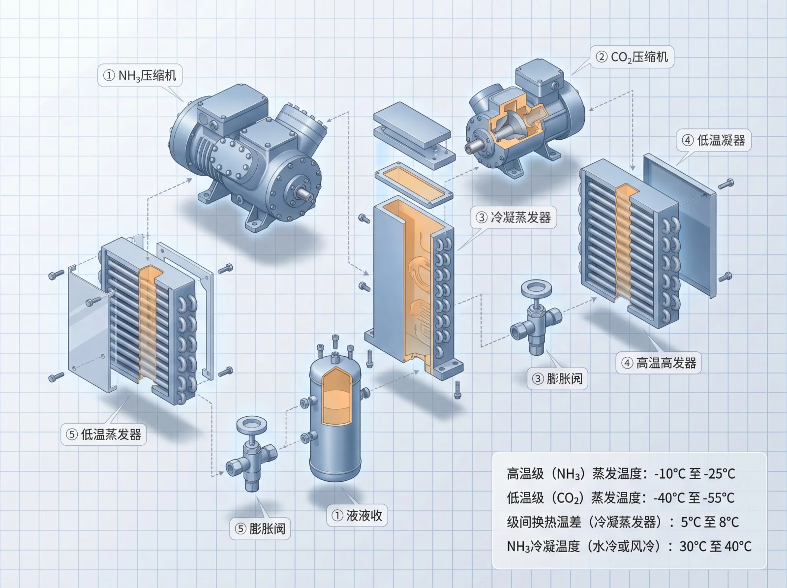 AI3DTU真实生成案例：NH₃-CO₂复叠式制冷系统设备拆解信息图，展示氨压缩机、高低温蒸发器、冷凝蒸发器、贮液器的构成与各级蒸发/冷凝温度参数。