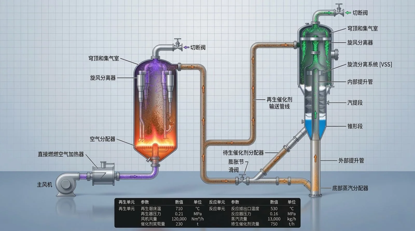 该图展示了化工行业中FCC装置的再生单元与反应单元的立体工艺流程，清晰呈现了主风机、直接燃空气加热器、旋风分离器、穹顶和集气室、汽提段以及底部蒸汽分配器等设备之间的连接关系。适用于工厂展示、技术汇报及操作培训场景，帮助理解催化裂化过程中