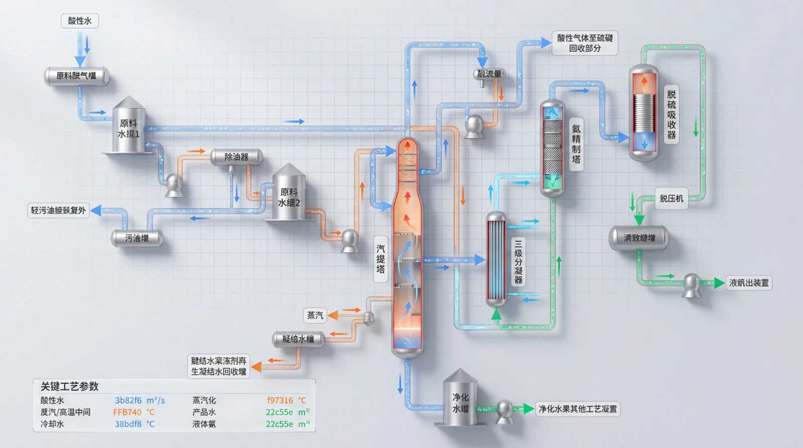 该3D工业可视化图展示了气体脱硫与硫磺回收工艺中的酸性水处理流程，包含原料酸气罐、汽提塔、脱硫吸收器、氢精制塔、三级分离器和净化水罐等设备的布局与管线连接。适用于工艺展示、技术汇报及员工培训场景。