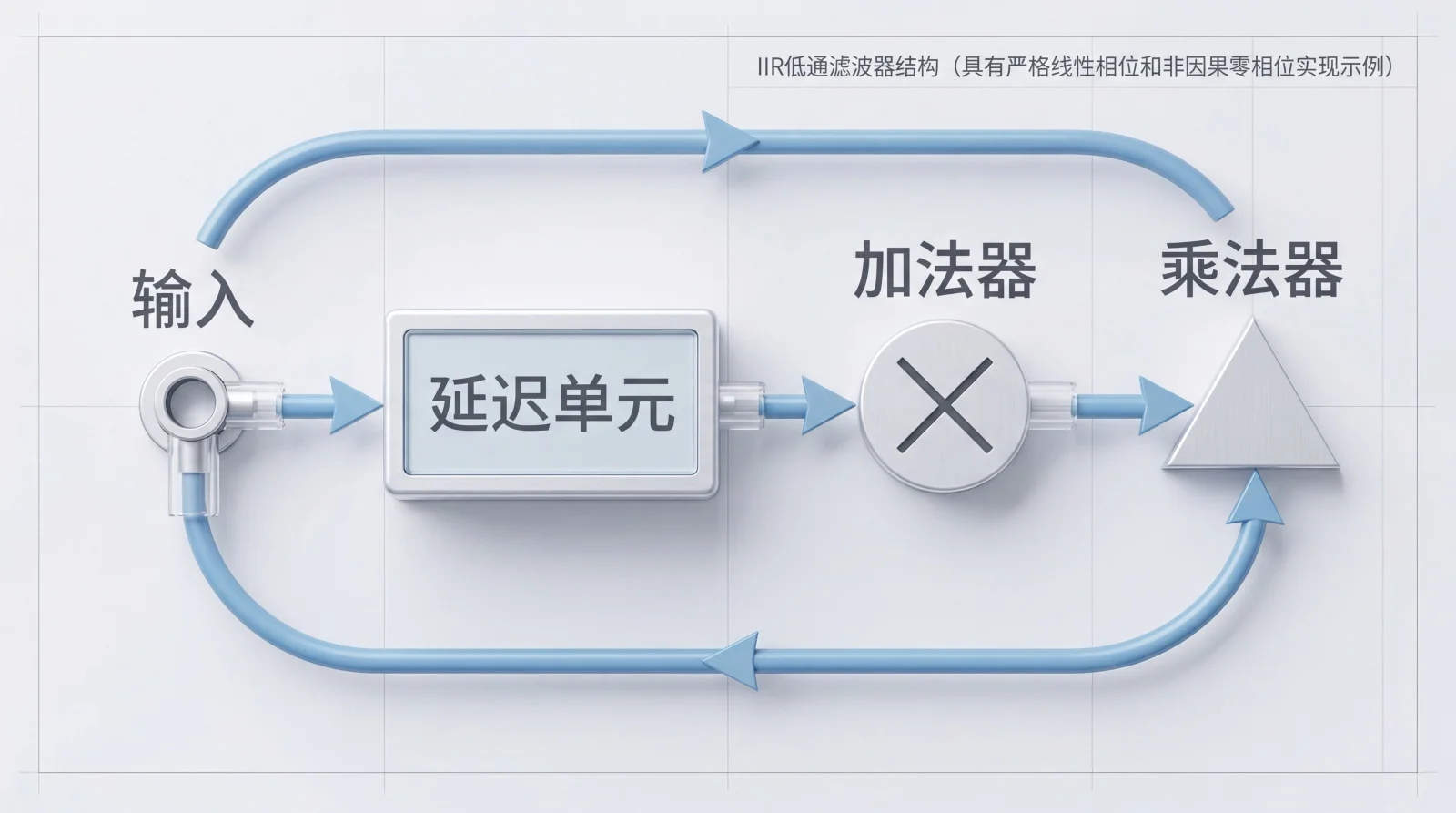 这张图展示了IIR低通滤波器的3D工艺流程结构，清晰呈现了输入信号通过延迟单元、加法器和乘法器的处理过程。画面中包含反馈管线和信号管线，直观反映了信号在系统中的流动路径。适用于技术展示、工程汇报或教育培训场景，帮助理解数字滤波器的工作原