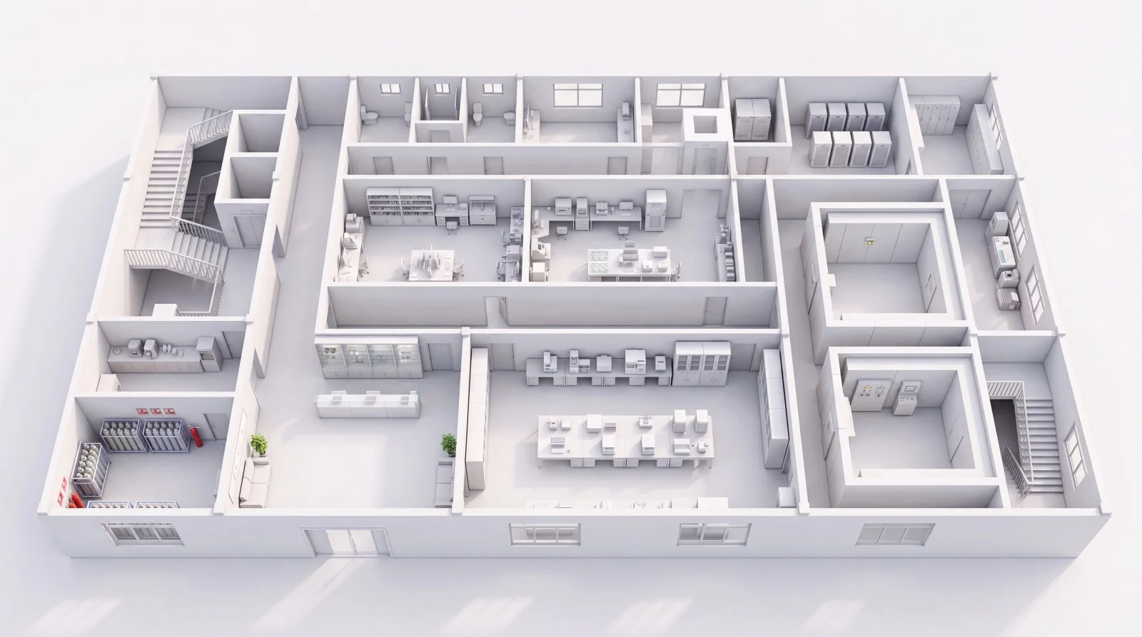 该3D剖视图展示了多层工业建筑内部的实验室和办公区域布局，清晰呈现了实验台、储物柜、楼梯、通风橱、文件柜和沙发等设备的分布。适合用于展示建筑结构、培训教学或汇报演示，帮助观众直观理解空间功能划分。