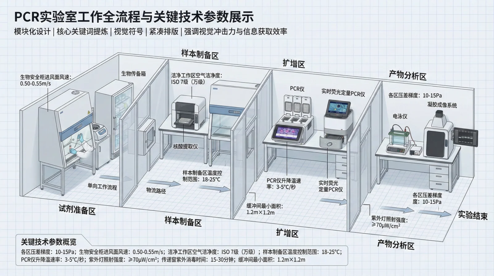 AI3DTU真实生成案例：PCR实验室工作全流程设备布局3D俯视沙盘，展示试剂准备区、样本制备区、扩增区、产物分析区的分区规划与设备配置。