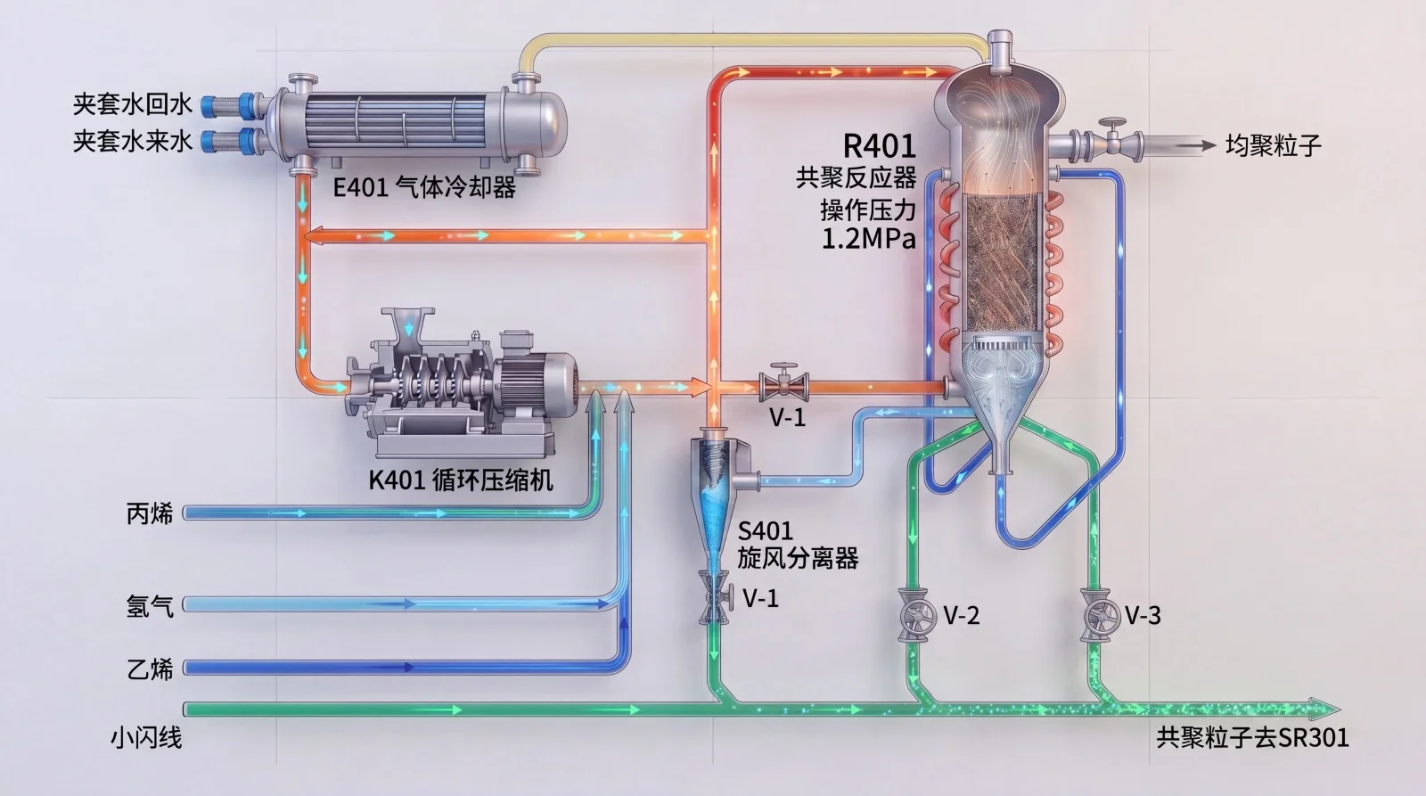 该图展示了R401共聚反应器、E401气体冷却器、K401循环压缩机、S401旋风分离器、夹套水回水夹套水来水以及均聚粒子的布局结构，呈现了化工生产中的典型工艺流程。适用于工厂展示、技术汇报和员工培训场景，清晰反映设备之间的连接关系与物