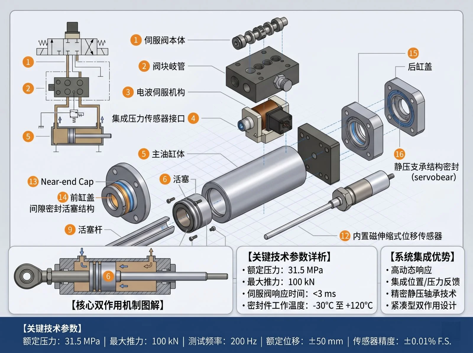 该图展示了伺服阀与高频动态测试油缸的3D爆炸拆解结构，清晰呈现了伺服阀本体、主油缸体、活塞杆、内置磁伸缩式位移传感器、静压支承结构密封（servobear）以及集成压力传感器接口之间的装配关系。适用于产品展示、技术汇报及培训场景，帮助理