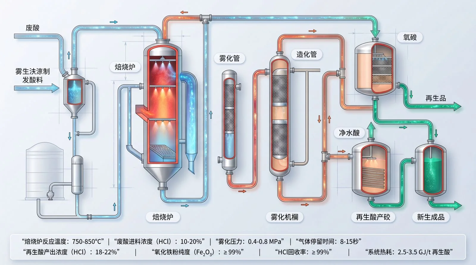 该流程图展示了从废酸到再生盐酸的完整工艺过程，包括焙烧炉、雾化管、造化管、雾化机桶、再生酸产酸罐和新生成品等关键设备。画面清晰呈现了各设备之间的连接与流程顺序，适用于工业展示、技术汇报及员工培训场景。