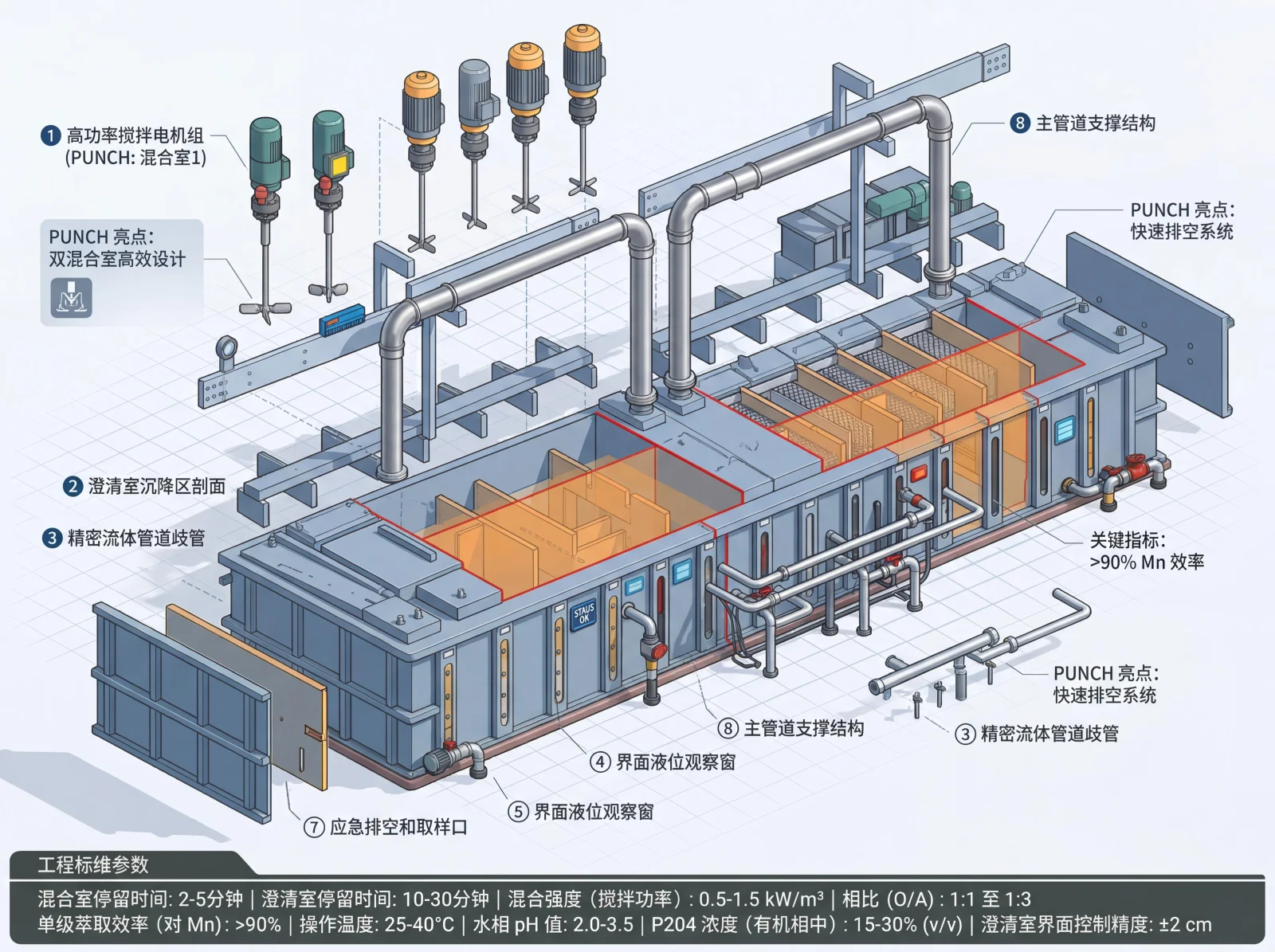 AI3DTU真实生成案例：湿法冶金P204萃取锰用混合澄清萃取箱阵列3D装置图，展示多级萃取箱的混合室、澄清室、搅拌电机与料液流向。