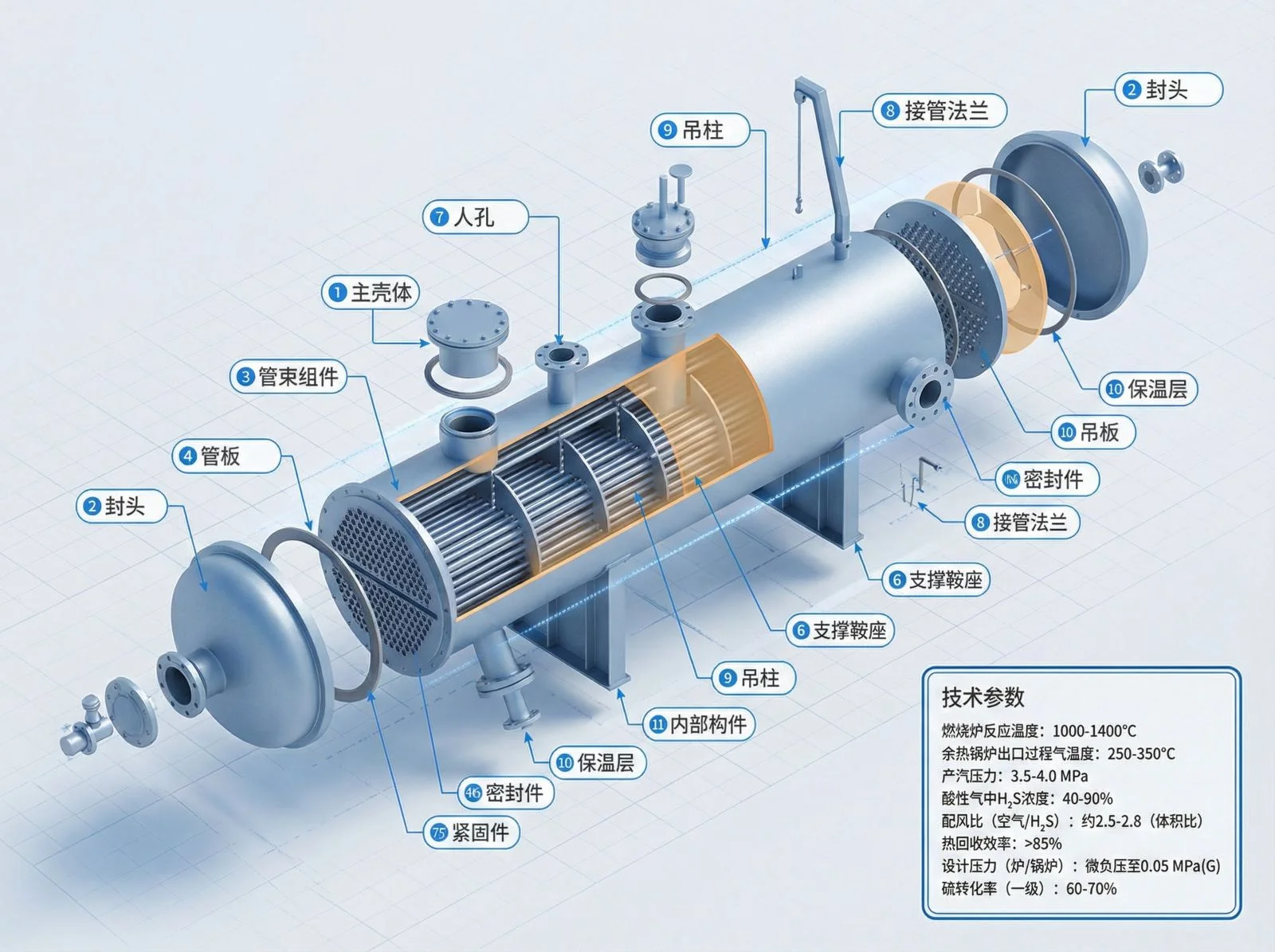 该图展示了石油炼化行业中硫磺回收装置的制硫燃烧炉与余热锅炉一体化设备的爆炸拆解结构，详细呈现了主壳体、管束组件、管板、封头、吊柱和保温层等关键部件的布局。适用于设备展示、技术汇报及操作培训场景。