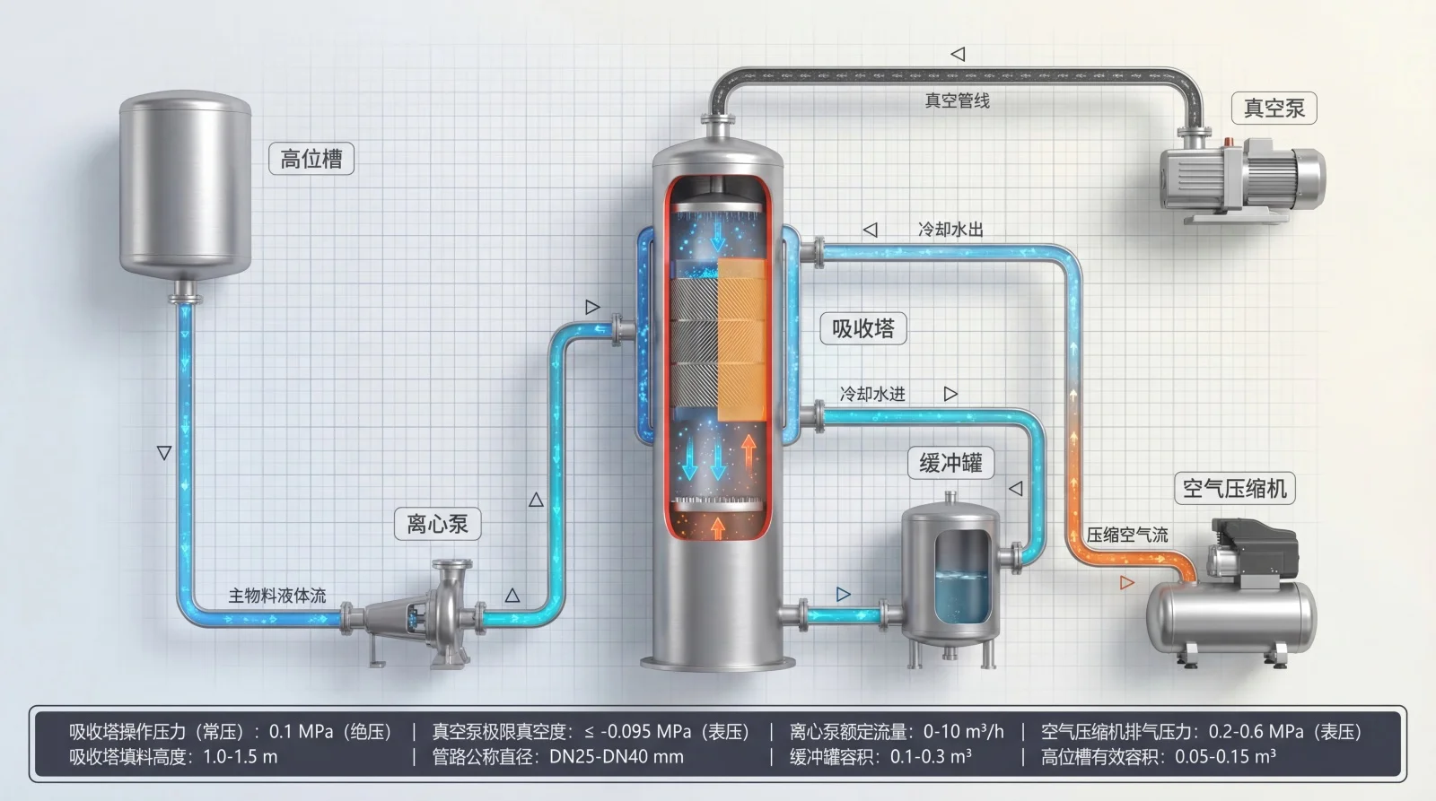 该图展示了化工行业中UTS-LB流体输送的工艺流程，包含高位槽、离心泵、吸收塔、缓冲罐、真空泵和空气压缩机等设备的连接关系与物料流动方向。画面清晰呈现了各设备间的物流路径和系统布局，适用于生产展示、技术汇报及操作培训等场景。