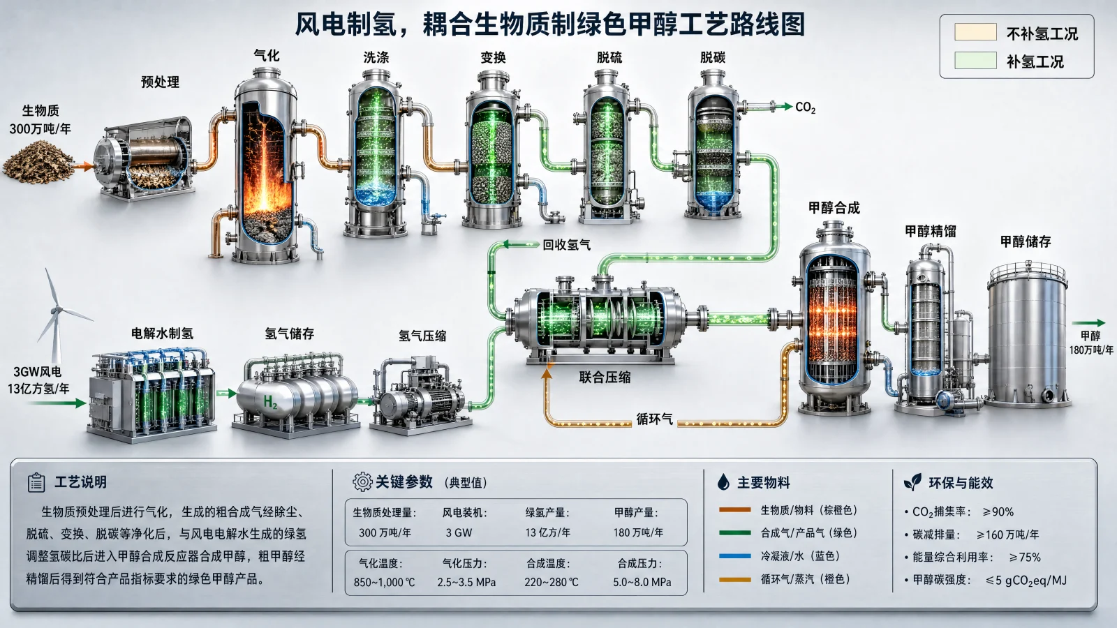 AI3DTU生成的风电电解水制氢耦合绿色甲醇3D工艺路线图，含3GW风电、电解水制氢、氢气储存压缩与甲醇合成