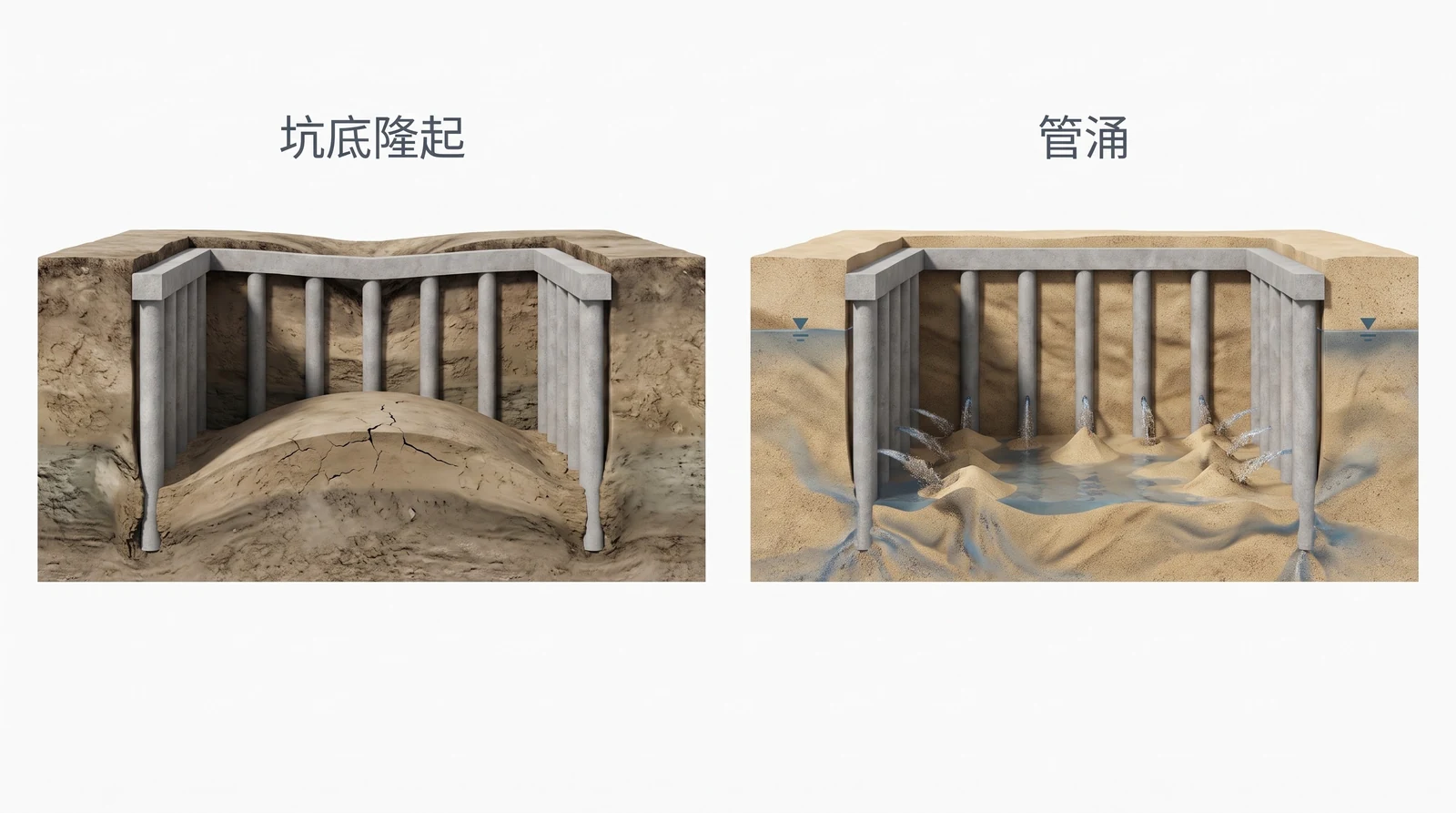 基坑两种破坏形式对比剖视：左侧坑底隆起鼓成弧形土包，右侧砂层管涌从桩脚下带砂涌水