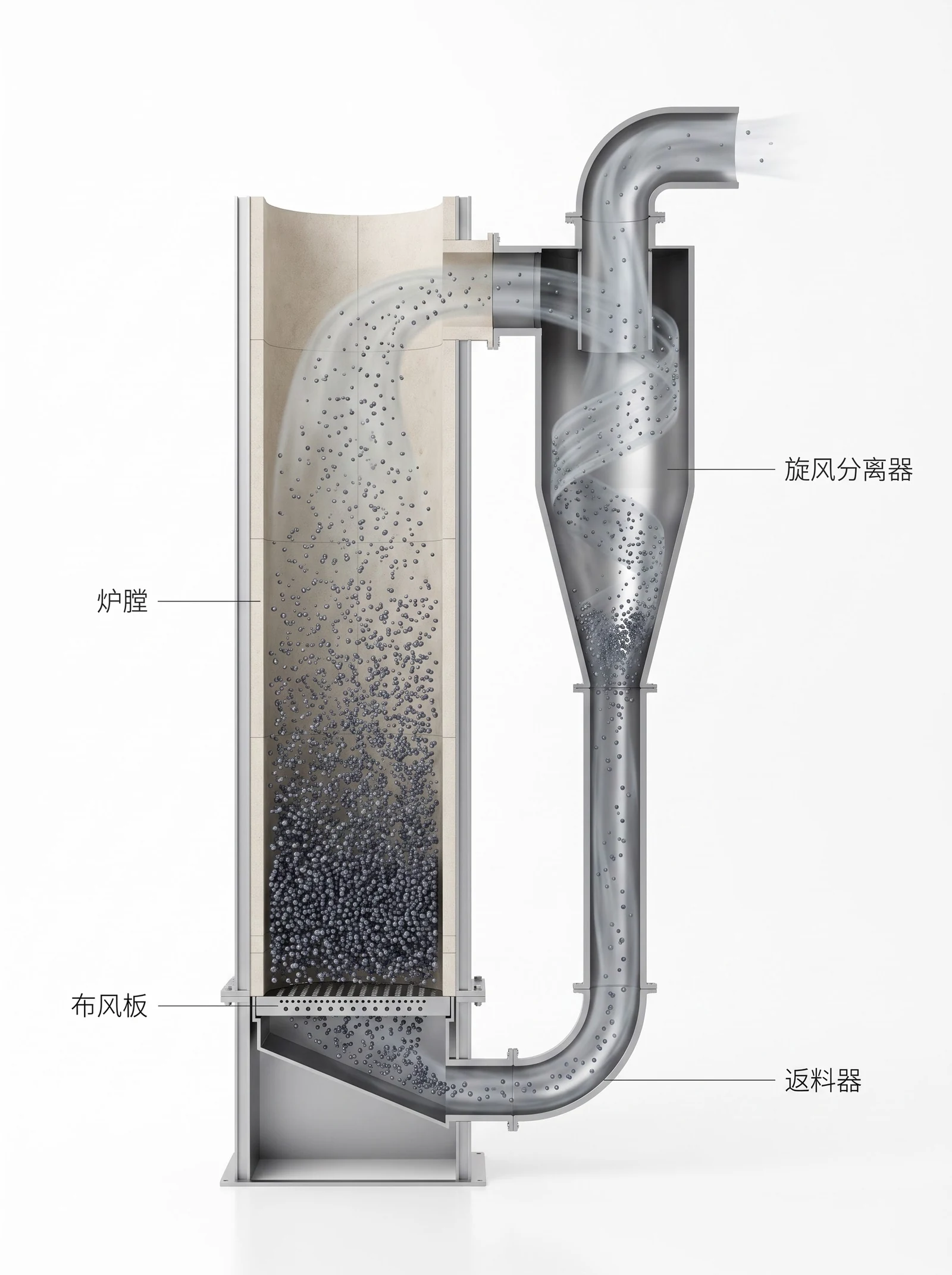 循环流化床锅炉物料循环回路剖视：炉膛、布风板、旋风分离器、返料器
