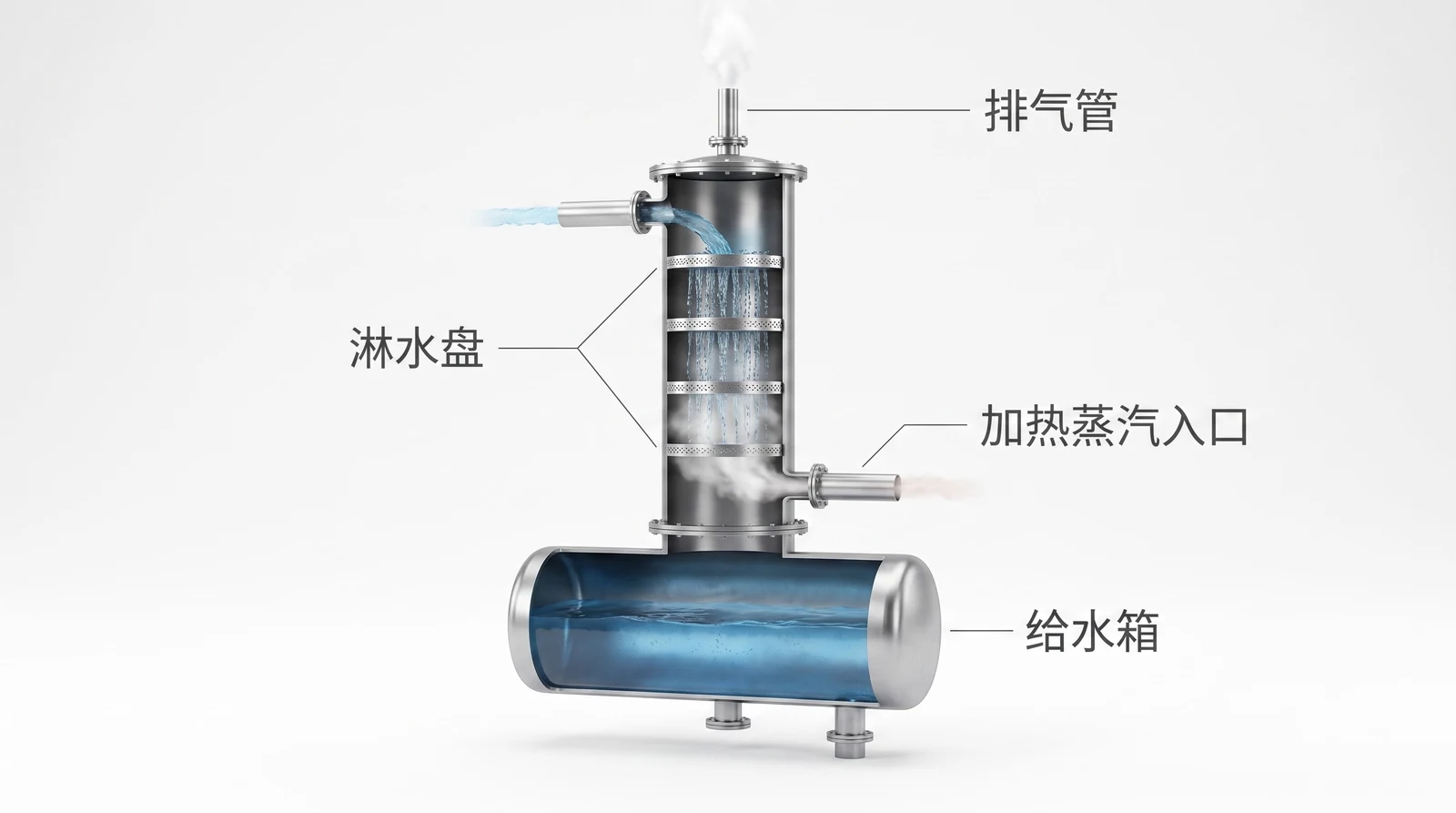 除氧器剖视：淋水盘、排气管、加热蒸汽入口、给水箱