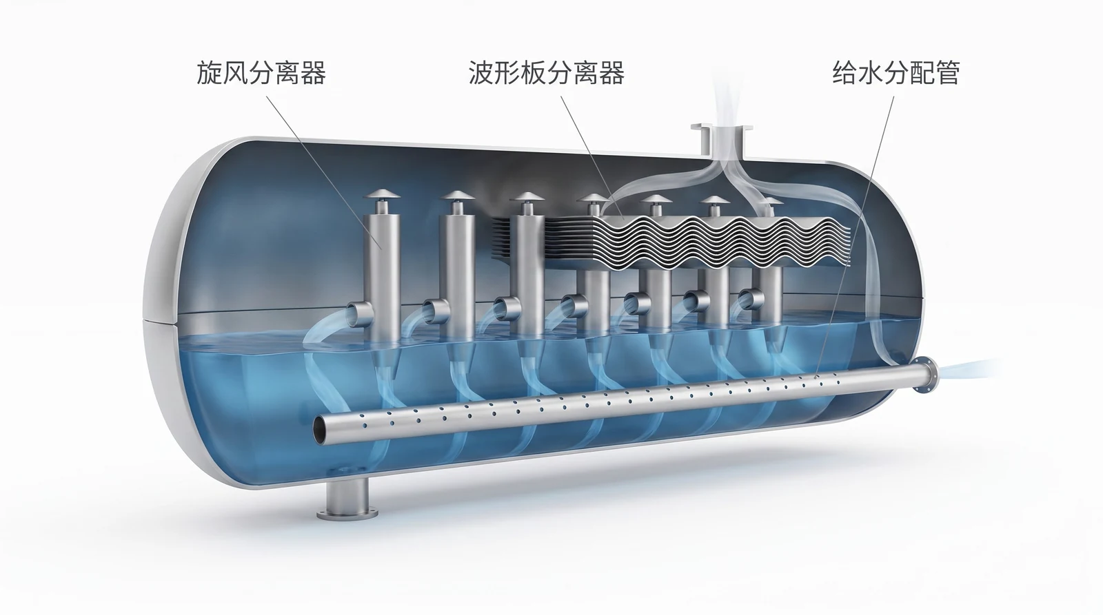 汽包内部剖视：旋风分离器、波形板分离器、给水分配管