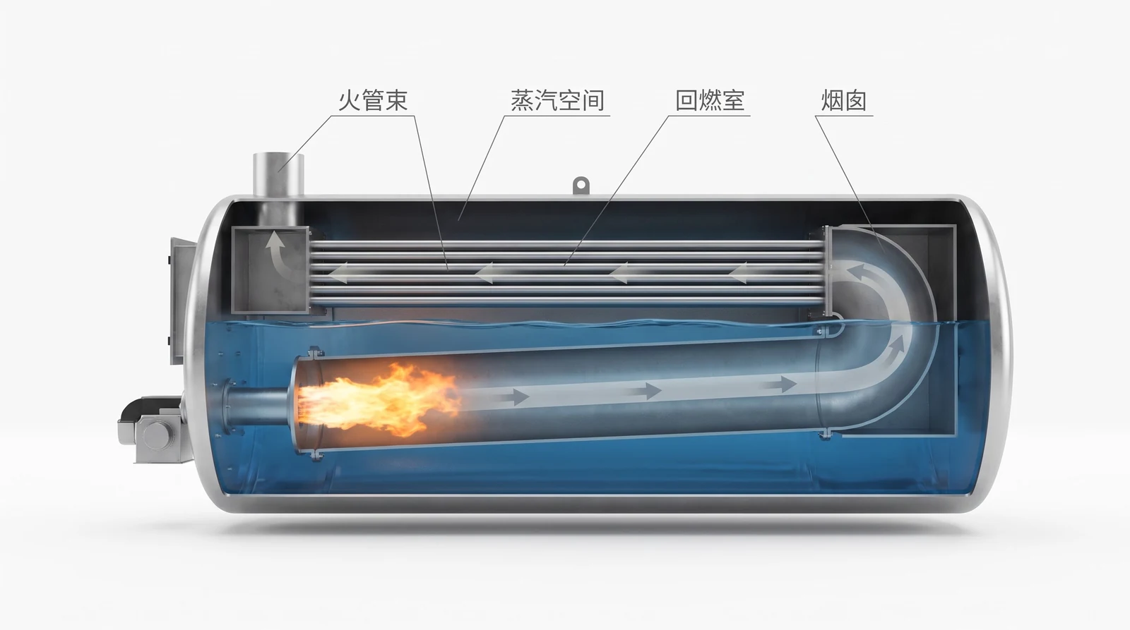 卧式火管锅炉剖视：火管束、蒸汽空间、回燃室、烟囱，烟气经炉胆向右、回燃室折返、火管束向左