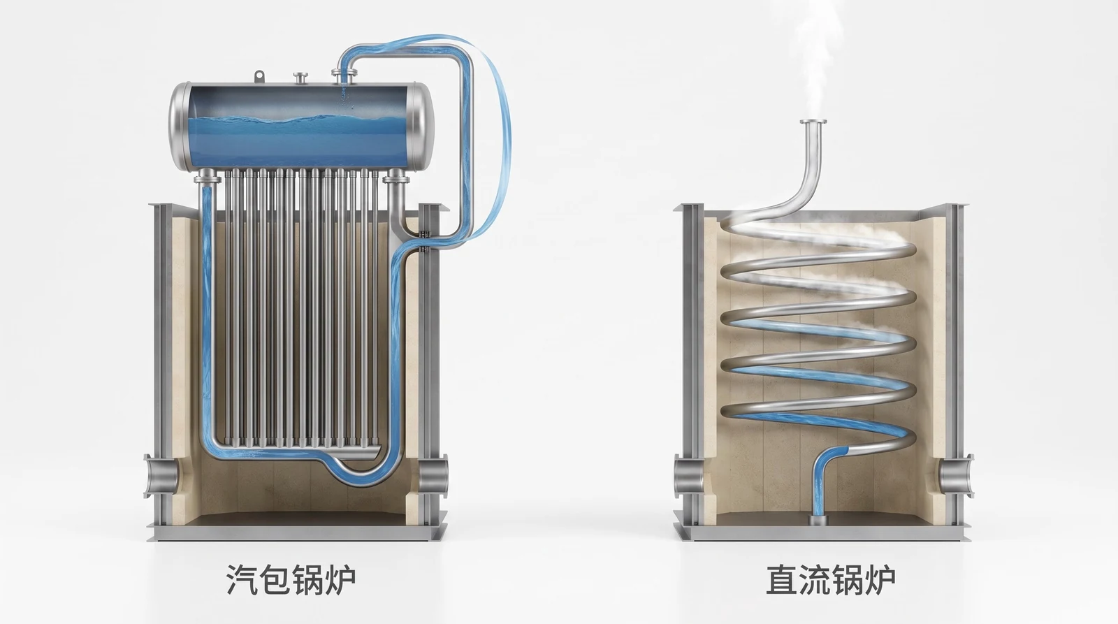 汽包锅炉与直流锅炉水路对比：左侧有汽包构成闭合回路，右侧为连续长管一次通过