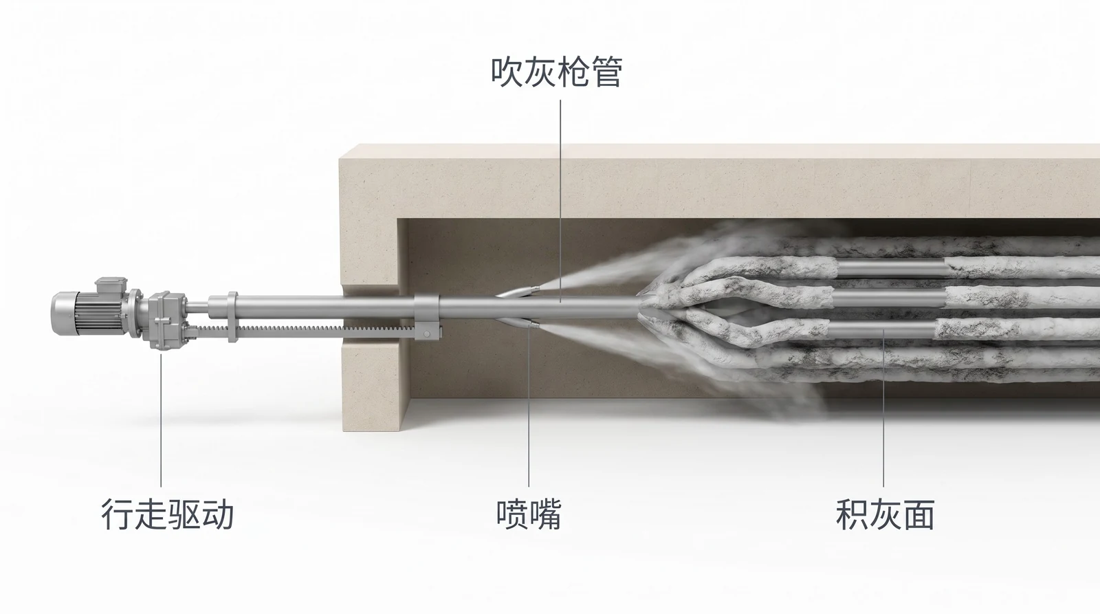 伸缩式吹灰器：吹灰枪管、喷嘴、行走驱动、积灰面