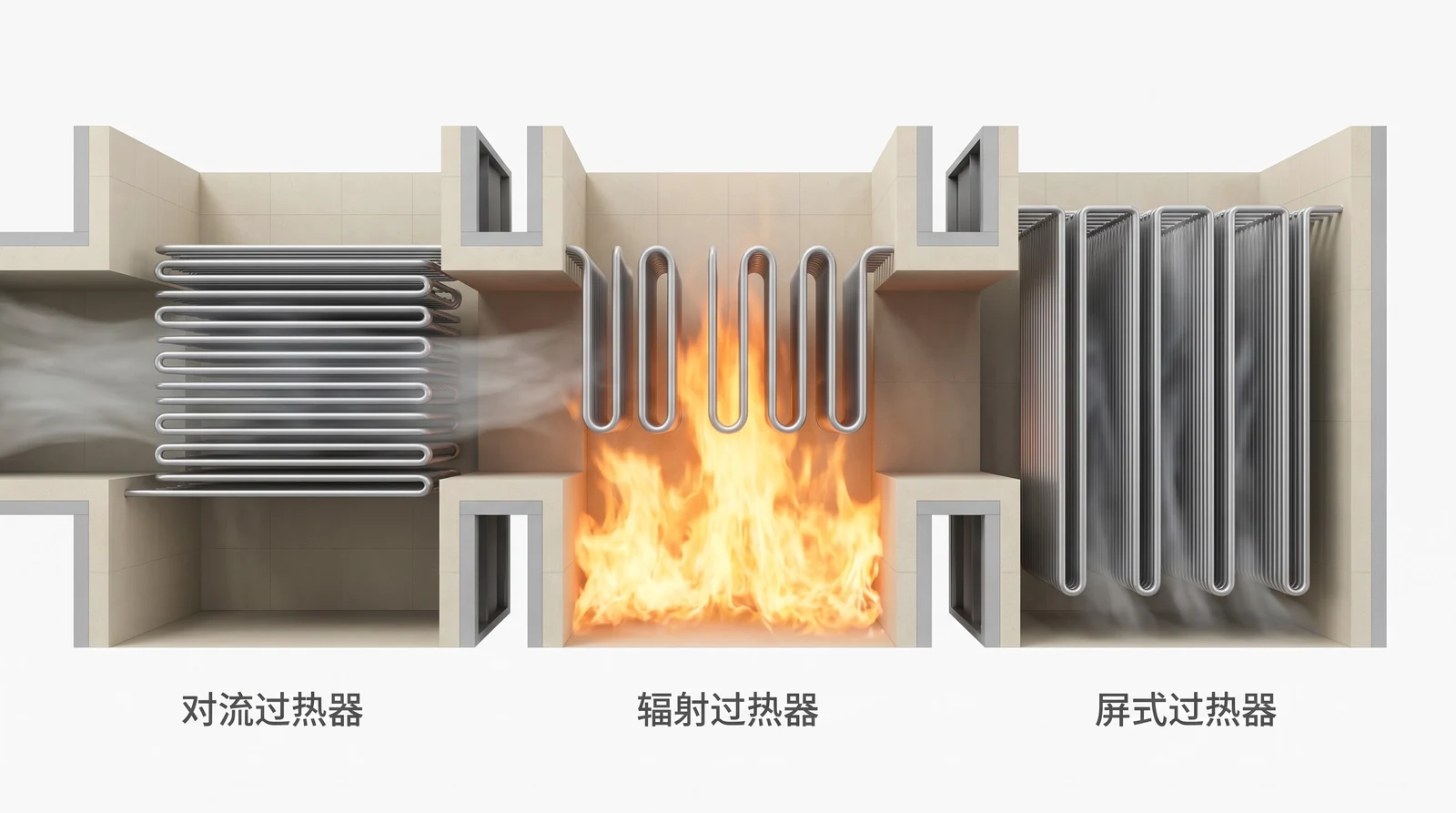 三种过热器布置对比：对流过热器、辐射过热器、屏式过热器
