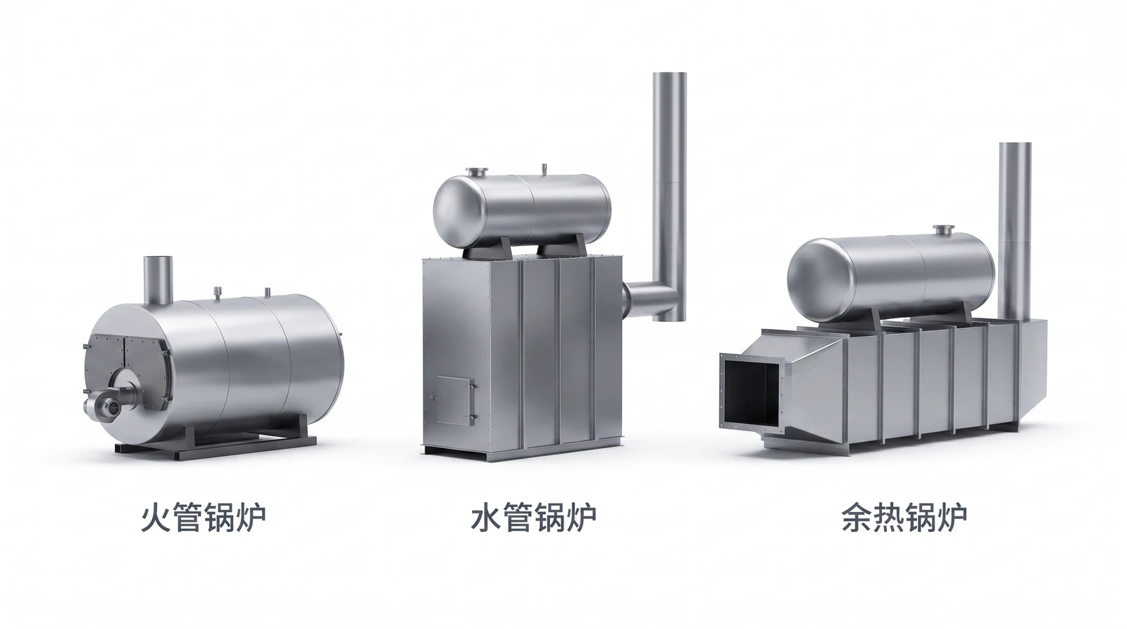 三种锅炉外形对比：火管锅炉、水管锅炉、余热锅炉