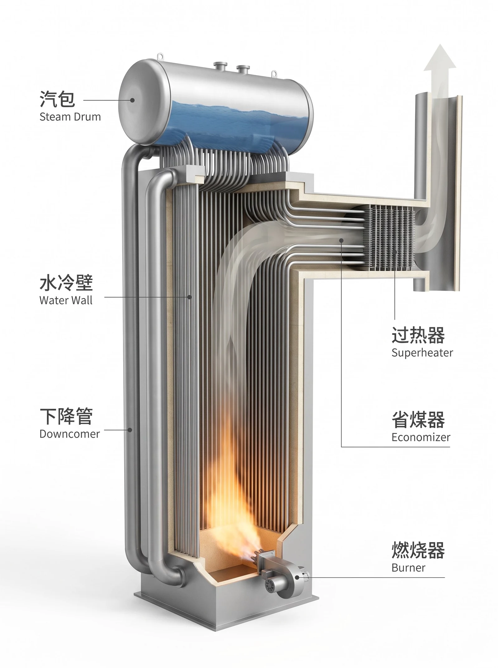水管锅炉整体剖视：汽包、水冷壁、下降管、过热器、省煤器与炉膛底部的燃烧器
