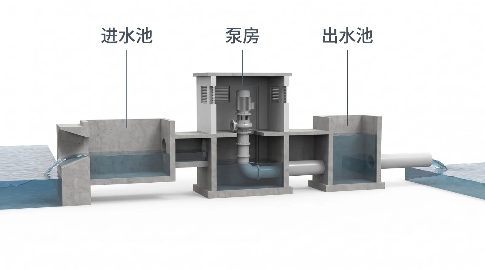 排涝泵站枢纽剖视示意：从左到右为进水池、泵房、出水池，泵房内竖立水泵机组，简体中文标签，无其他文字