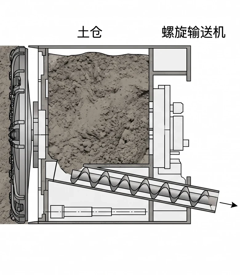 土压平衡盾构的土仓剖面示意：仓内充满灰褐色改良土体，下方螺旋输送机向外排土，简体中文标签，白色背景