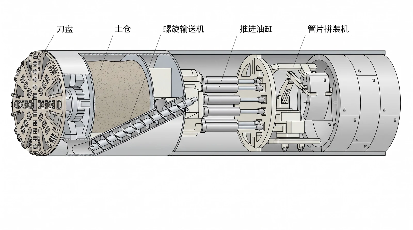 盾构机纵剖面示意：从左到右依次为刀盘、土仓、螺旋输送机、推进油缸、管片拼装机，简体中文标签，背景为白色