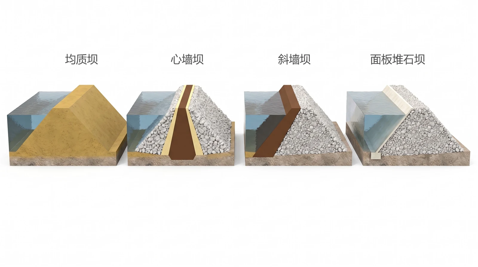 四种土石坝横剖面并排对比：通体同一种土的均质坝、正中竖直黏土心墙的心墙坝、上游坡内倾斜黏土墙的斜墙坝、上游坡表面铺混凝土面板的面板堆石坝