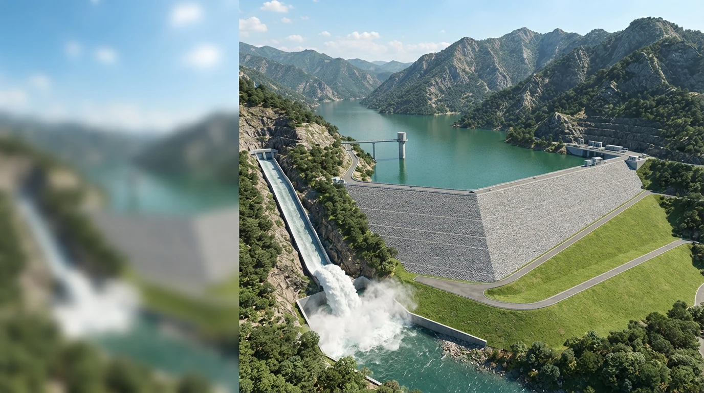 山谷里的一座水库枢纽鸟瞰：一道土石坝横截河谷，左岸山脊上一条溢洪道顺坡而下、末端鼻坎把水挑向下游，坝前库区里立着一座取水塔