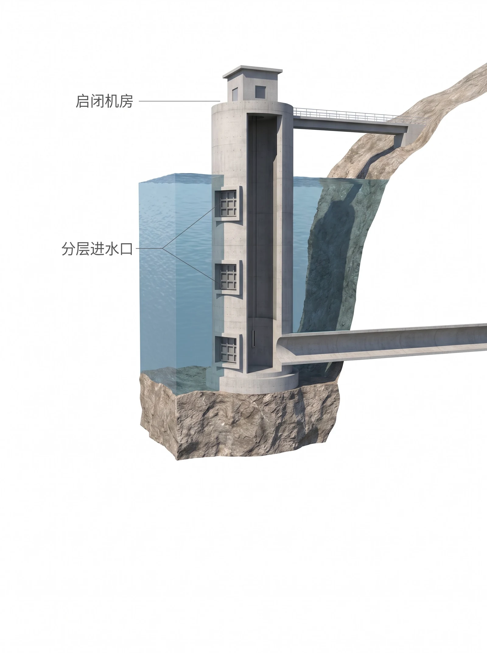 水库取水塔纵剖视：坝前库区里的塔身开着上下三层进水口，塔顶启闭机房与通向岸边的工作桥，塔底接一条穿过山体通向下游的输水洞