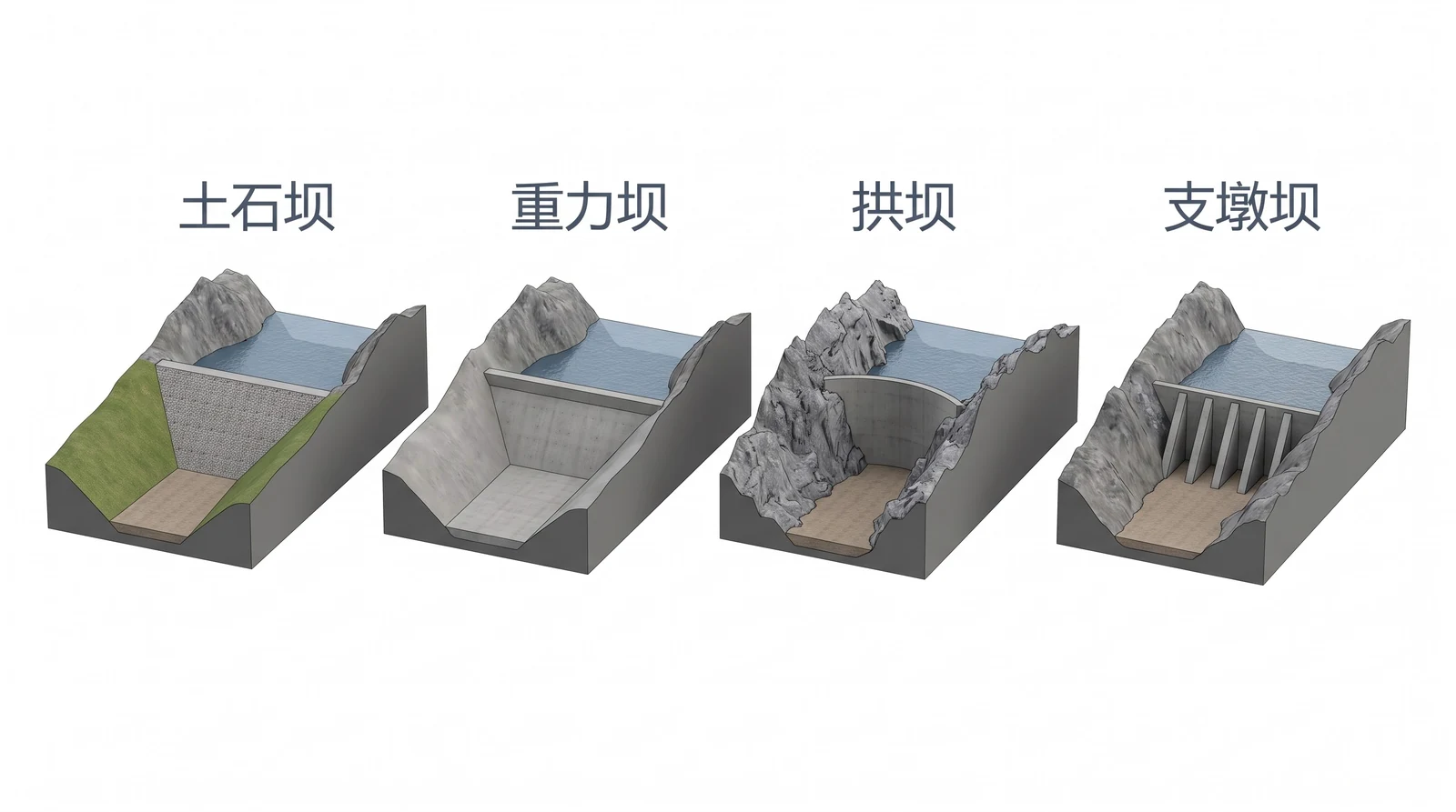 四种水库大坝类型并排对比：梯形的土石坝、三角形截面的混凝土重力坝、向上游弯曲的薄拱坝、一排支墩撑着面板的支墩坝