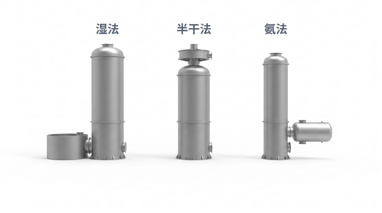 三种脱硫路线的塔器外形对比：湿法、半干法、氨法