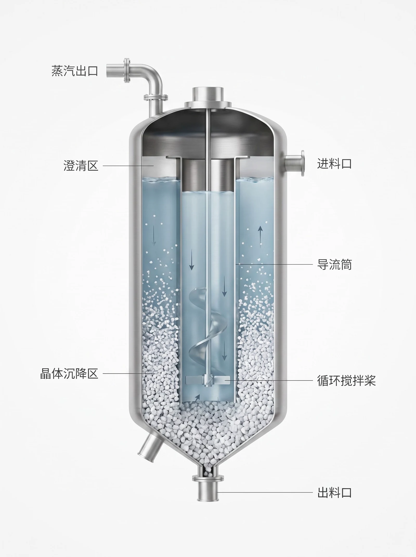 立式连续结晶器纵向剖视图，可见导流筒、循环搅拌桨、上部澄清区、下部晶体沉降区与进出料接管