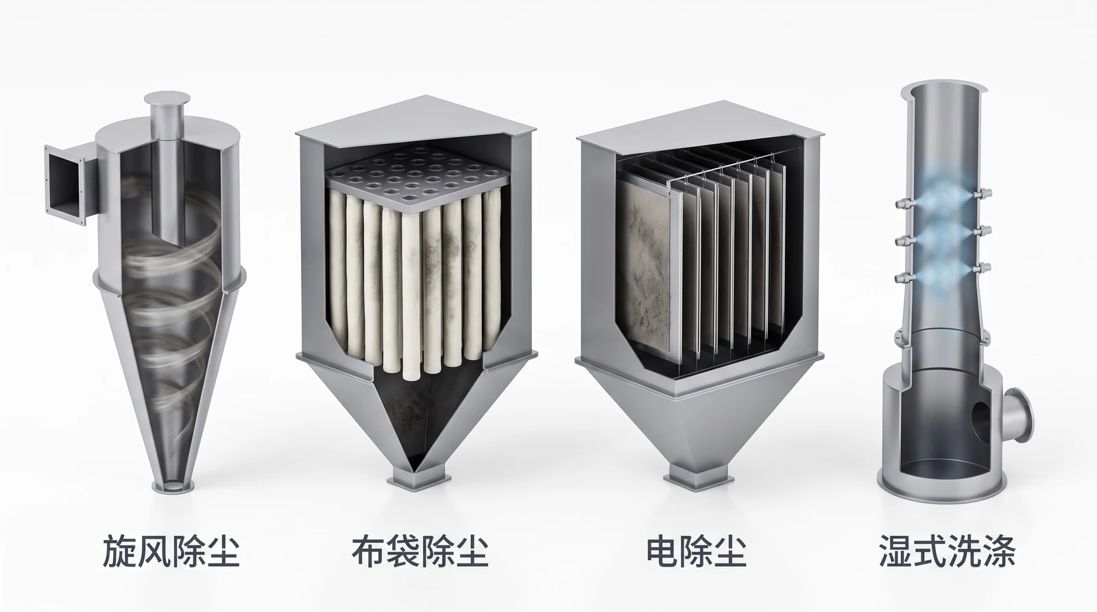旋风、布袋、电除尘、文丘里湿式洗涤四种除尘器的剖视结构对比