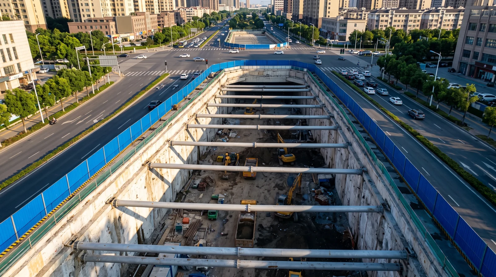 城市道路下的地铁车站明挖基坑，地下连续墙与钢支撑清晰，坑底有挖掘机和运土车，画面无文字