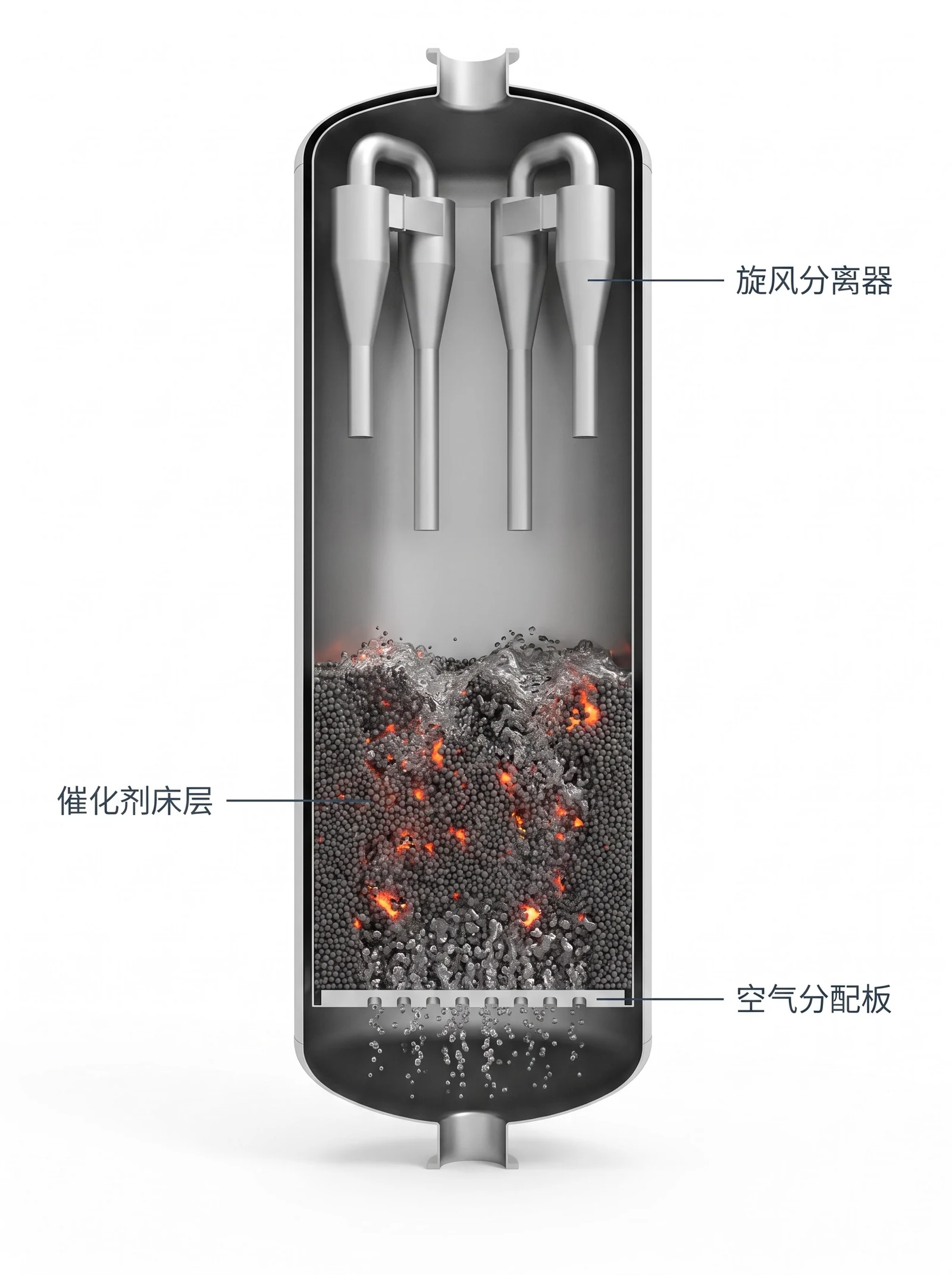 催化剂再生器剖视：底部空气分配器、中部密相鼓泡床、上部稀相段与两级旋风分离器