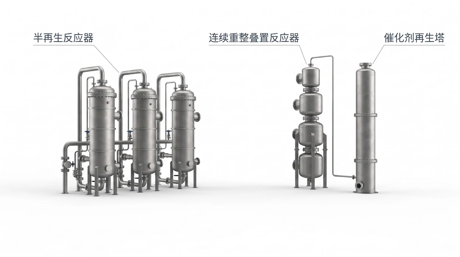 半再生重整与连续重整对比：并排布置的固定床反应器与叠置反应器加连续再生塔
