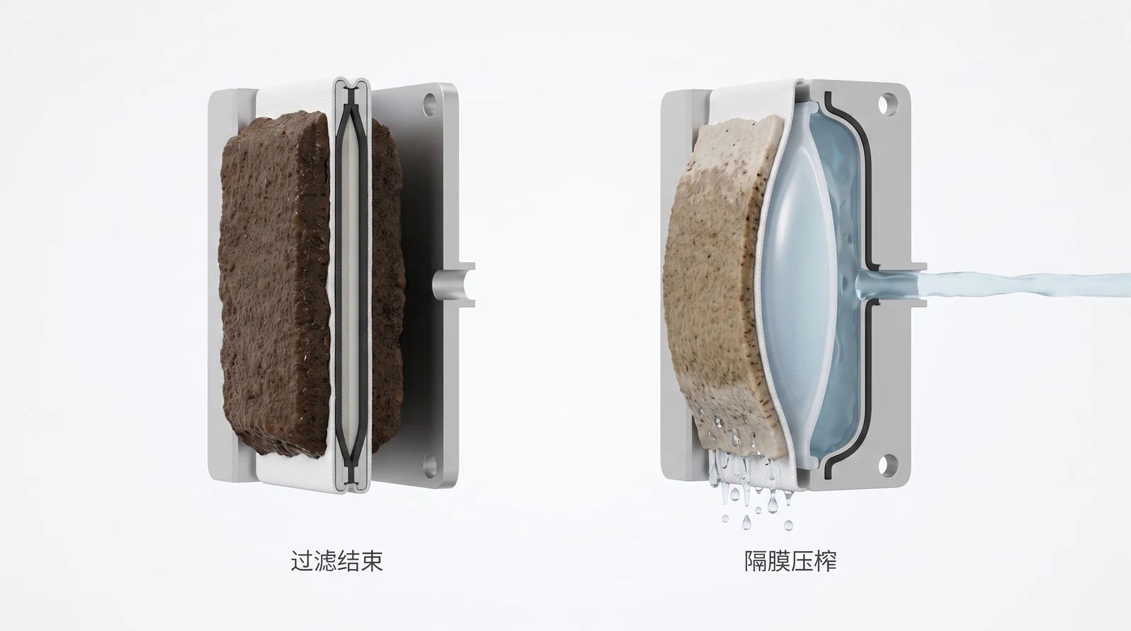 隔膜压榨滤板过滤结束与压榨状态对比