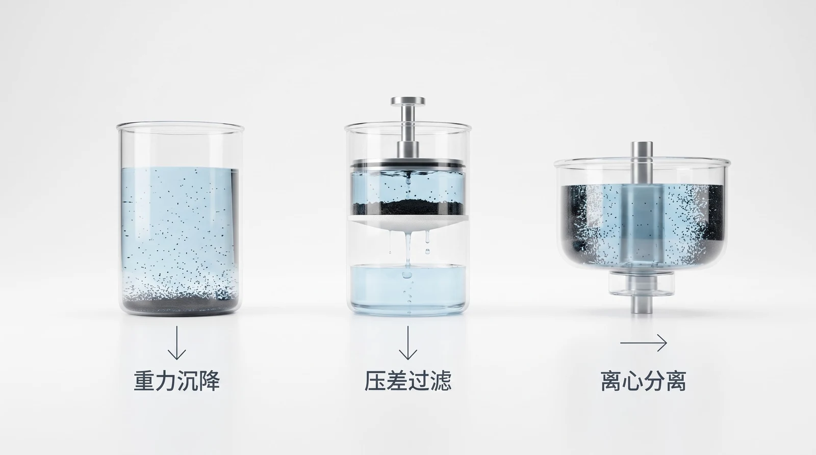 三种固液分离驱动力对比：重力沉降、压差过滤、离心分离