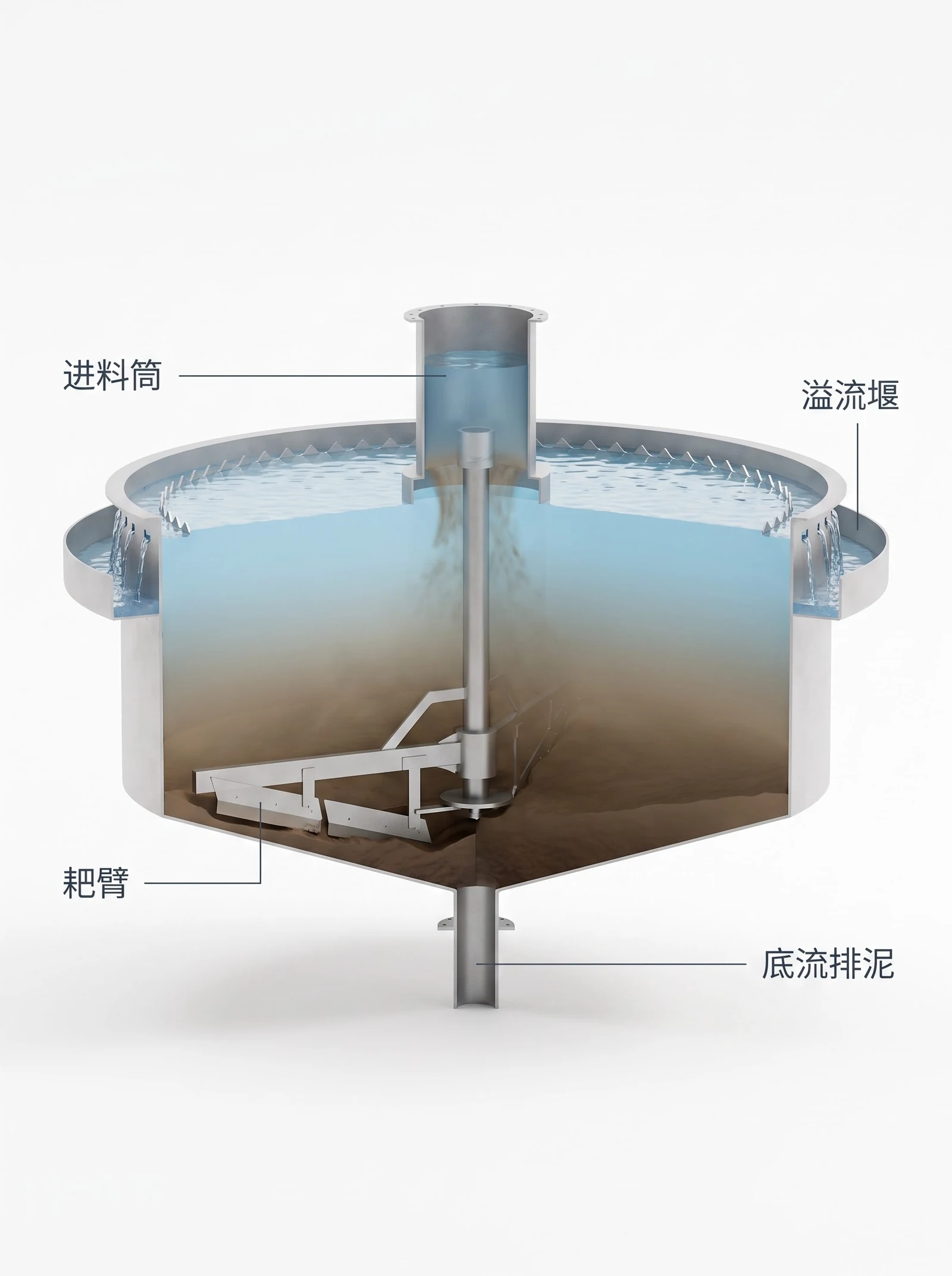 浓密机剖视：进料筒、溢流堰、耙臂、底流排泥