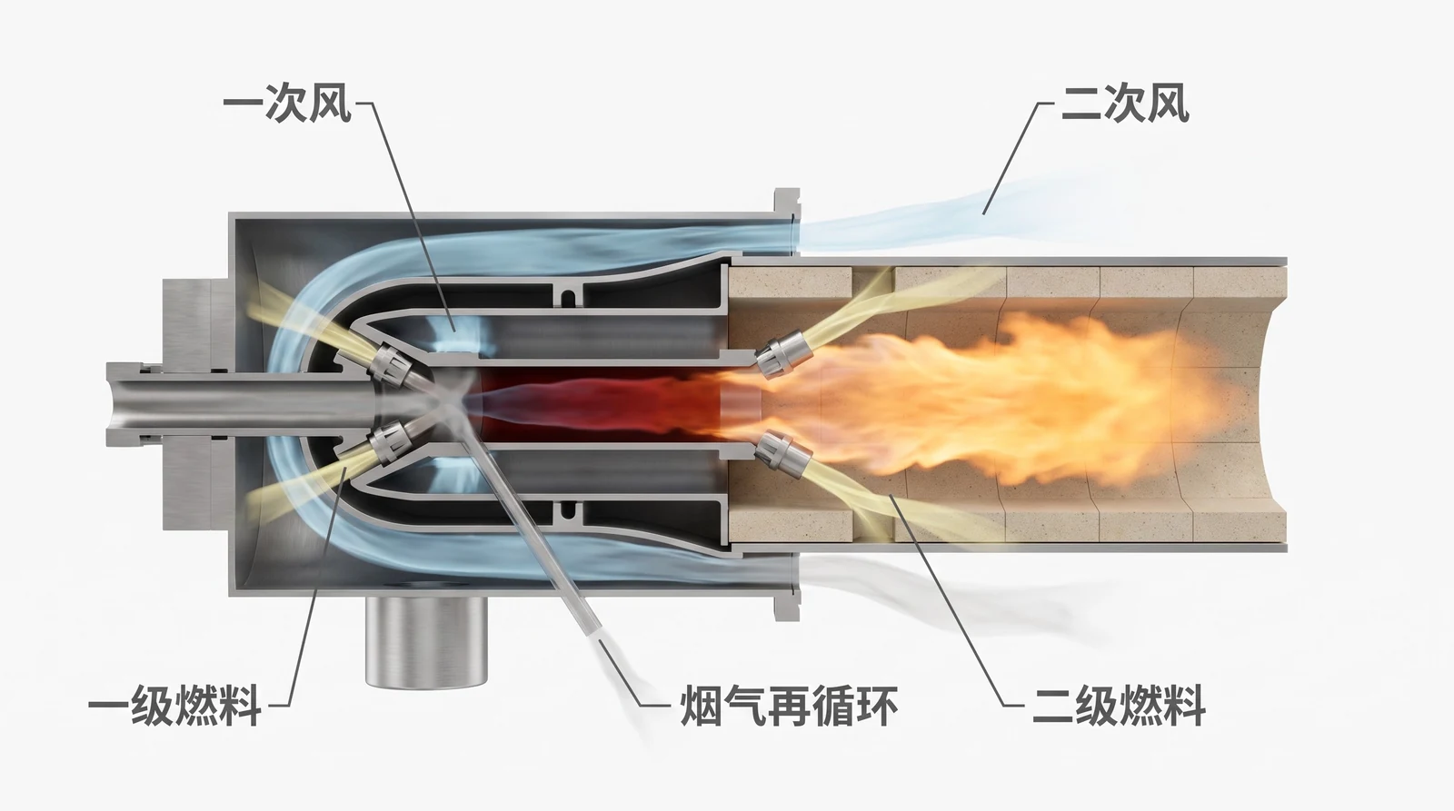 低氮燃烧器剖视：一次风、二次风、一级燃料、二级燃料、烟气再循环