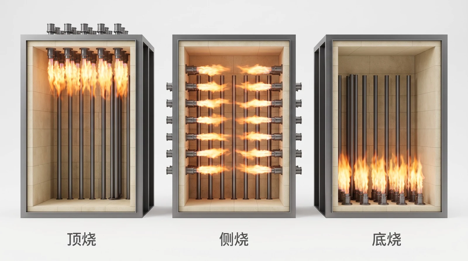 三种烧嘴布置方式对比：顶烧、侧烧、底烧